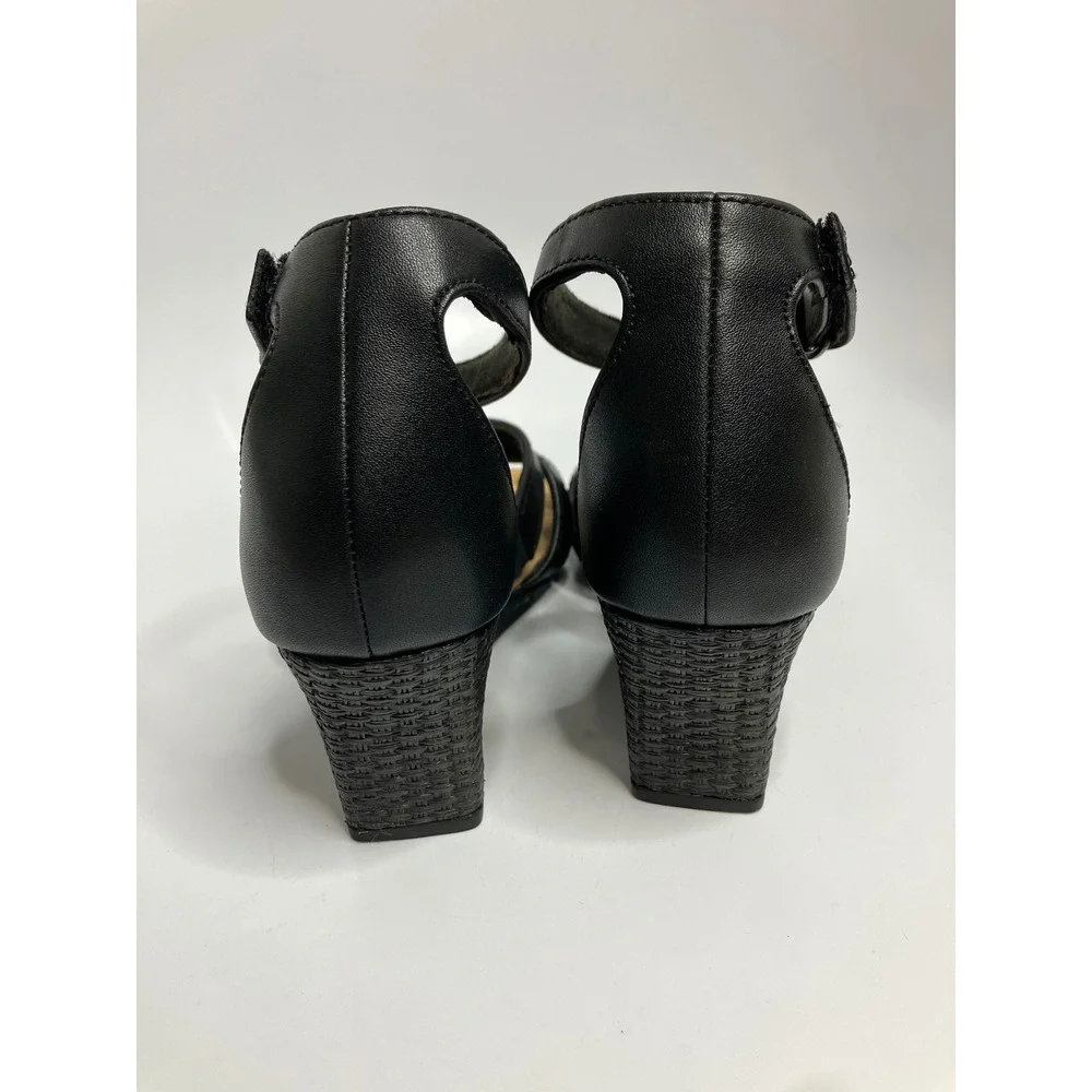 Clarks Collection Wedge Sandals Womens 6.5 Black Excellent Strappy Ankle Strap